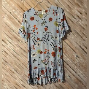 Karen by Simonson Floral Midi Casual Dress Butterflies Nature Stripes Frilled
